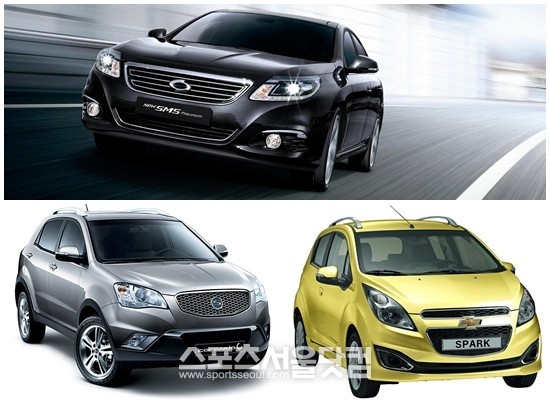 르노삼성차 뉴 SM5 플래티넘, 한국지엠 스파크, 쌍용차 코란도 C(위쪽부터 시계방향)가 자사의 11월 실적 증가를 견인했다.