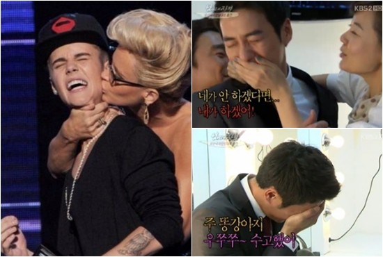 강제 스킨십으로 깜짝 놀란 스타들. 저스틴 비버(왼쪽)와 주상욱. / 제니 맥카시 트위터. KBS2 해피선데이-남자의 자격 방송 캡처