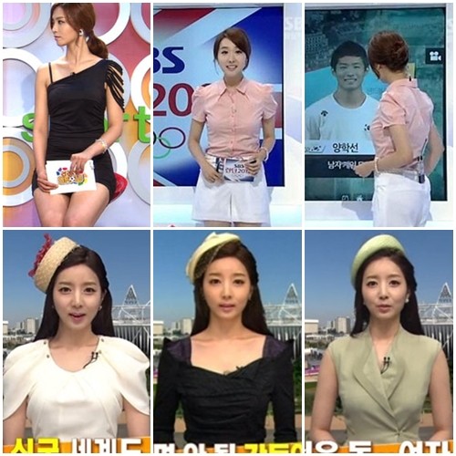 의상 딜레마에 빠진 아나운서 ★ 선정적이거나 난해한 의상을 입어 논란이 됐던 여자 아나운서들. KBS N 스포츠 정인영, SBS 김민지, MBC 양승은(왼쪽 위 시계방향)./ KBS N 스포츠 라리가 쇼, SBS 2012 런던 올림픽, MBC 뉴스데스크 방송 캡처