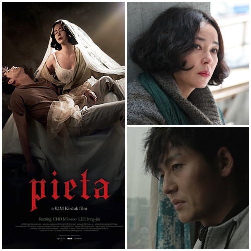 지난 16일 제17회 새틀라잇 어워즈에서 최우수 외국어 영화상을 탄 김기덕 감독의 영화 피에타와 남녀 주인공 조민수(위), 이정진./ 영화 공식 포스터, 스틸 컷