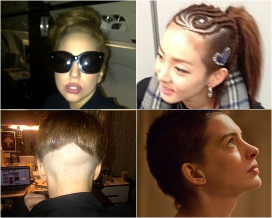 파격적인 반삭 머리로 변신한 스타들. 왼쪽 위부터 시계방향으로 레이디 가가, 투애니원 산다라박, 앤 해서웨이. / 레이디 가가 트위터, 산다라박 미투데이, 영화 레미제라블 스틸컷