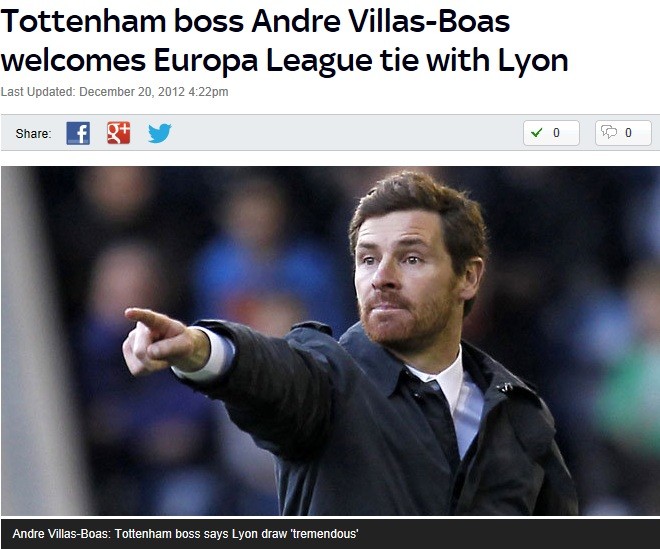 토트넘의 안드레 비야스 보아스 감독은 리옹과 32강 대진이 확정되자 수준 높은 맞대결에 대한 기대감을 나타냈다. / 스카이스포츠 보도 캡처