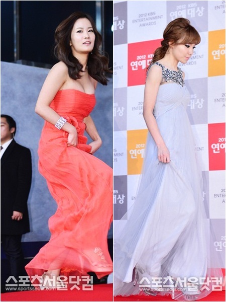 김지민(왼쪽)과 신보라가 아름다운 드레스 자태를 과시하고 있다./배정한 기자