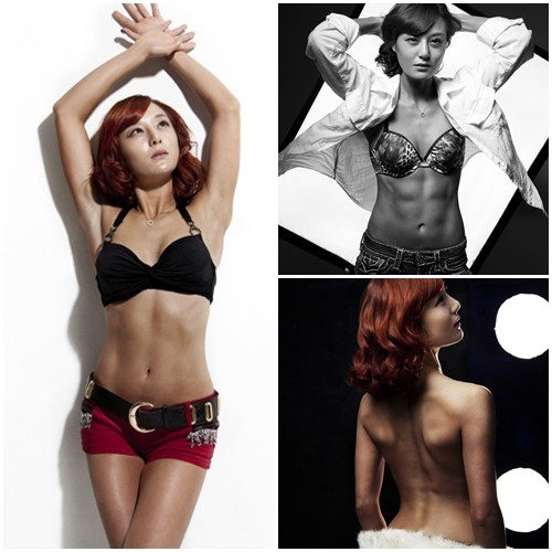 오은주가 탄탄한 식스팩을 공개하며 몸매를 부각하는 다양한 포즈를 취하고 있다./여자모델 화보 커뮤니티 모델 클릭