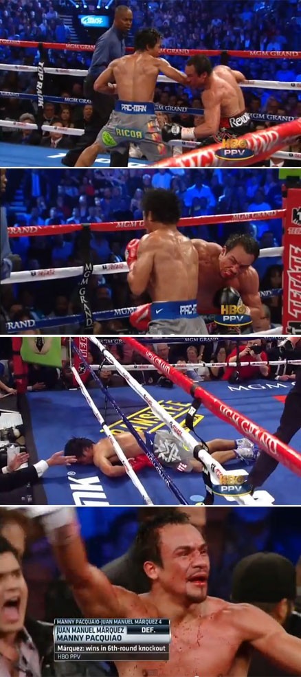 지난 9일 파퀴아오(회색 트렁크)를 6라운드 종료 1초 전에 무너뜨린 마르케스의 카운터 펀치가 ESPN이 선정한 올해의 KO에 선정됐다. / 유튜브 캡처