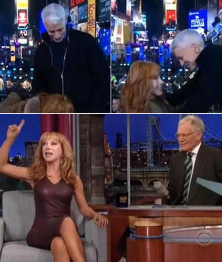 새해맞이 방송에서 돌발 행동을 한 케이시 그리핀(위). 한 토크쇼에서도 파격적인 발언으로 논란에 휩싸였다. / CNN 방송, 레터맨 쇼 캡처