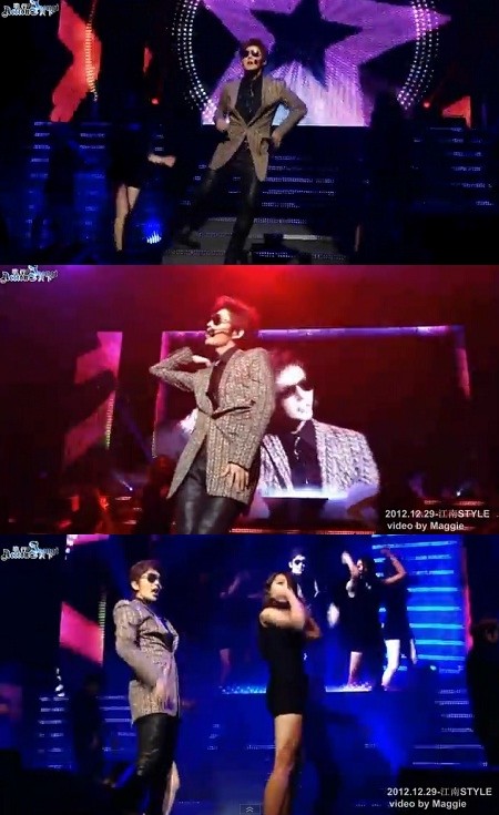 이준기가 팬미팅의 한 무대에서 싸이의 강남스타일을 열창하며 격렬한 안무를 소화해내고 있다./유튜브 영상 캡처