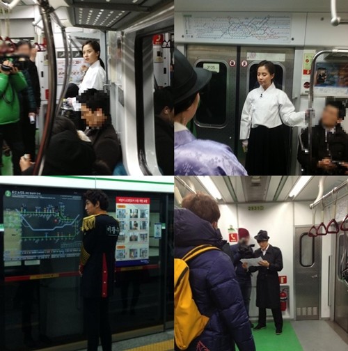 배우 송지효(위)와 이광수(왼쪽 아래), 김종국 등 SBS 런닝맨 멤버들의 지하철 촬영장면이 포착돼 화제다./온라인 커뮤니티