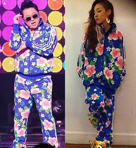 정형돈(왼쪽)과 산다라박이 같은 옷을 입어 화제다. /온라인 커뮤니티