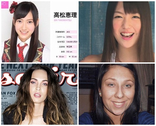 아이돌 그룹 소속 연습생에서 AV배우가 된 다카마츠 에리, 임신중절수술을 받은 사실이 들통나 팀을 탈퇴한 가노 가에데, 친오빠에게 살해당한 것으로 알려진 젬마 맥클러스키, 결혼과 출산 후에도 여전한 섹시미를 자랑하는 메간 폭스(왼쪽 위부터 시계방향)/AKB48 공식 홈페이지, 슈퍼걸즈 뮤직비디오, 온라인 커뮤니티, 에스콰이어 표지