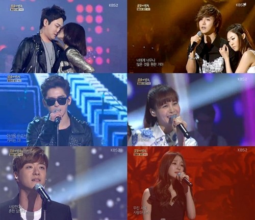 19일 오후 방송된 KBS2 불후의 명곡2-전설을 노래하다에 출연한 가수들이 화려한 복고 콘셉트의 무대를 선보이고 있다. 박현빈, 정동하, 아이비, 강민경, 윤형렬, 인피니트H(왼쪽 위 시계방향)/KBS2 불후의 명곡2-전설을 노래하다 방송 캡처