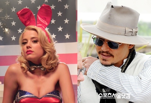 23세 연하의 엠버 허드(왼쪽)와 열애 중이라고 알려진 조니 뎁(오른쪽)이 한 곳을 바라보고 있다./더팩트DB, 엠버 허드 트위터