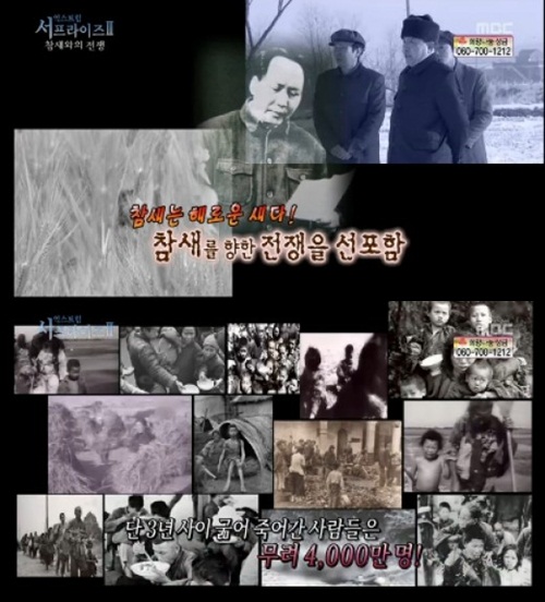 MBC 신기한 TV 서프라이즈에 소개된 마오쩌둥의 잘못된 대기근 정책 방송장면./해당 방송화면 캡처