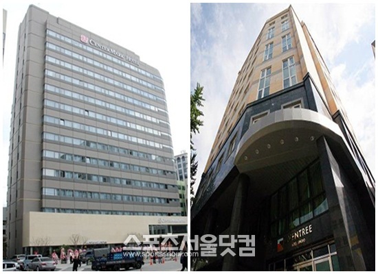 국내 여행업계 1,2위 하나투어와 모두투어가 비즈니스호텔 사업에 적극 나서고 있어 눈길을 끌고 있다. 하나투어의 센터마크 호텔(왼쪽)과 모두투어의 아벤트리 종로 관광호텔.