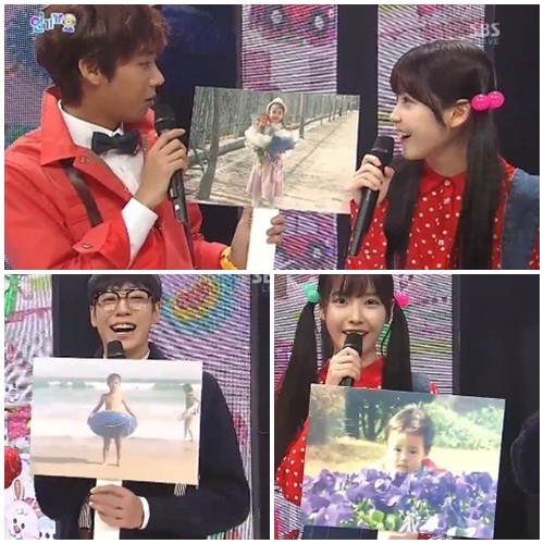 27일 오후 방송된 SBS 인기가요에서 MC 황광희, 아이유, 이현우가 어린 시절 사진을 공개하고 있다./SBS 인기가요 방송 캡처