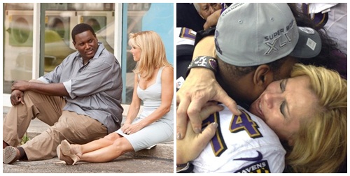 영화 블라인드 사이드(왼쪽)의 실제 주인공 마이클 오어와 그의 양어머니 리앤 투오이가 슈퍼볼 우승 직후 감격의 포옹을 나누고 있다. 퀸튼 애론·샌드라 블럭, 마이클 오어·리앤 투오이(왼쪽부터)./ 영화 블라인드 사이드 스틸 컷, 리안 투오이 트위터