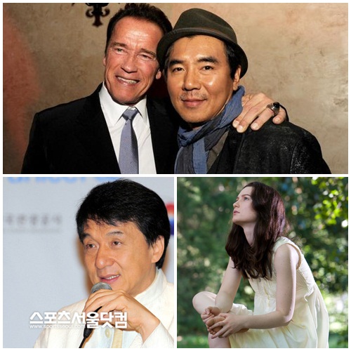 오는 19일부터 연달아 내한하는 국외 스타들. 아놀드 슈워제네거(왼쪽)·김지운 감독, 미와 와시코브스카, 청룽(위부터 시계방향)./더팩트DB, CJ 엔터테인먼트, 이십세기폭스코리아 제공