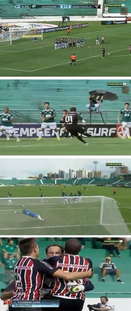 골 넣는 골키퍼 호제리우 세니가 10일 구아라니와 원정 경기에서  1-1로 맞선 후반 5분 프리킥으로 결승골을 작렬한 뒤 기뻐하고 있다. / 유튜브 영상 캡처
