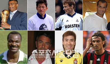 대표적인 40대 축구 선수들. 왼쪽 위부터 시계 방향으로 호마리우, 미우라, 셰링엄, 히바우두, 말디니, 김병지, 코스타쿠르타, 밀라.