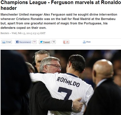 리플레이 영상을 보니 크리스티아누 호날두의 동점골은 그 누구도 막을 수 없었다!  옛 제자의 골에 감탄한 맨체스터 유나이티드 알렉스 퍼거슨 감독.(왼쪽) / 로이터 보도 캡처