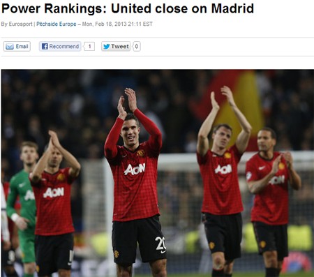 맨체스터 유나이티드는 지난 14일 유럽축구연맹 챔피언스리그 16강 1차전 레알 마드리드와 원정 경기에서 1-1 무승부를 거두며 유로피언 파워랭킹 점수가 많이 올랐다. / 유로스포트 보도 캡처