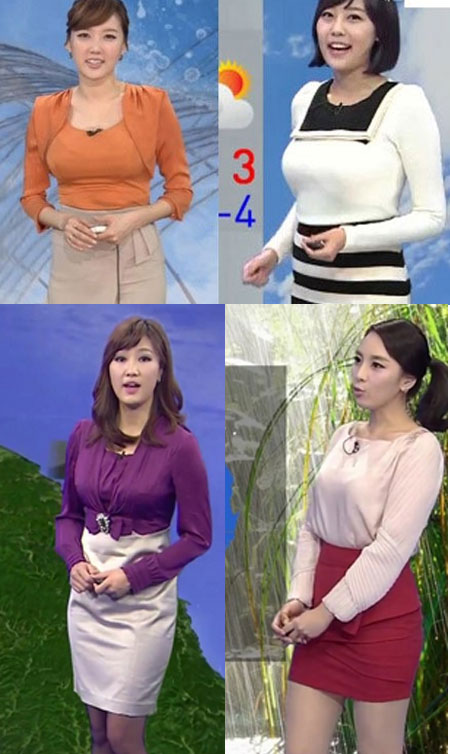 KBS 최영아(왼쪽 위, 시계방향), TV조선 이진희, YTN 정선영, TV조선 양운정 기상캐스터. / KBS, TV조선, YTN 캡처