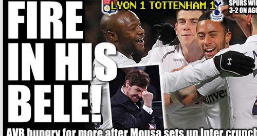 22일 프랑스 스타드 제를랑에서 열린 올림피크 리옹(프랑스)과 32강 2차전 원정 경기에서 0-1로 뒤지던 경기 종료 직전 극적인 동점골을 기록한 트넘 홋스퍼는 1, 2차전 합계 3-2로 이기고 16강에 올랐다. / 영국 더 선 캡처