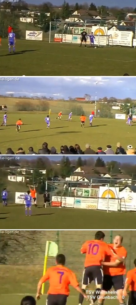 지난 2010년 독일 하부 리그 경기 TSV 그룬바흐전에서 TSV 빔스하임 선수들이 강풍 덕에 선제골을 기록한 뒤 크게 기뻐하고 있다. / 유튜브 영상 캡처