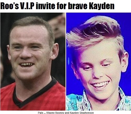 축구스타 웨인 루니(왼쪽)가 TV에서 본 난치병 소년을 오는 3월 레알 마드리드전에 초대하는 선행을 베풀었다. / 더 선 보도 캡처