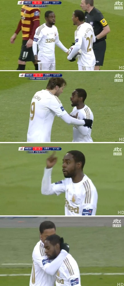 25일 새벽(이하 한국시각) 런던 웸블리 스타디움에서 열린잉글리시 캐피탈 원 컵(리그컵) 브래드포드(4부리그)와 결승전에서 3-0으로 앞선 후반 11분 자신이 페널티킥을 차겠다며 불만을 터뜨린 스완지시티의 네이선 다이어. / JTBC 방송 화면 캡처