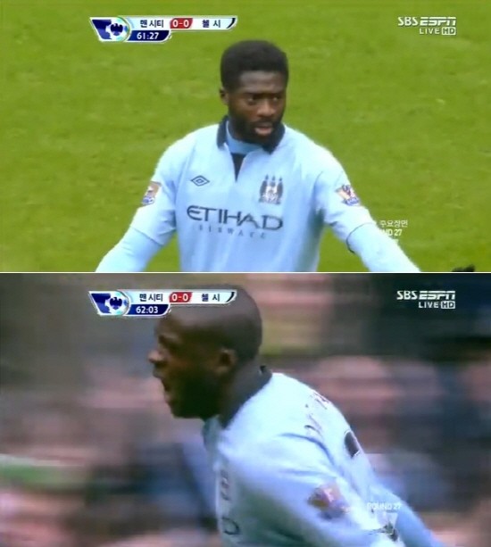 맨체스터 시티 콜로 투레(위)와 야야 투레가 첼시전 승리를 쌍끌이하며 팀의 역전 우승 불씨를 살렸다. / SBS ESPN 중계 캡처