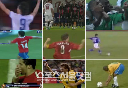 대포알 골의 주인공들. 위 좌측부터 황보관, 즐라탄, 올리세. 중앙 좌측부터 라벨로, 제라드, 이하라. 아래 좌측부터 호날두, 알리에프, 카를로스. / 출처=유튜브 캡처
