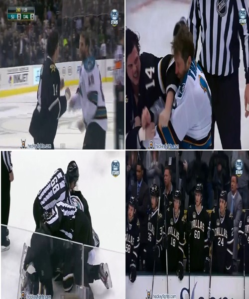 23일(현지시간) 미국 달라스에서 열린 하키경기에서 선수들이 격렬한 몸싸움을 하고 있다. / 유튜브 영상 캡처