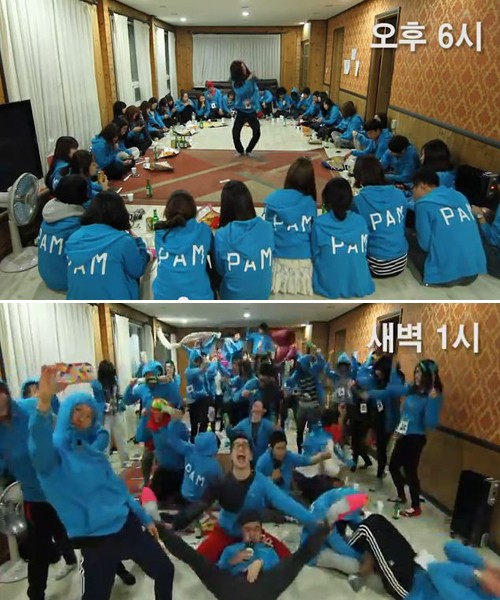 대학교 신입생 엠티에 참석한 대학생들이 할렘 셰이크음악에 맞춰 우스꽝스러운 춤을 추고 있다. / 유튜브 영상 캡처