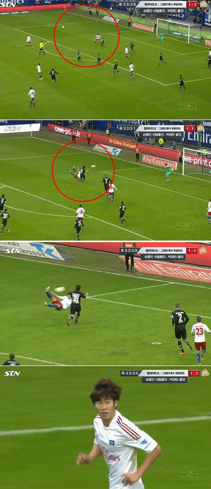 3일 임테크 아레나에서 1-1로 끝난 2012~2103시즌 정규리그 24라운드 그로이터 퓌르트와 홈경기에서 1-1로 맞선 후반 33분 멋진 오버헤드킥을 시도하고 있는 함부르크의 손흥민. / STN 중계 화면 캡처