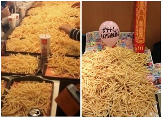 최근 한 온라인 커뮤니티에는 ‘감자튀김 한일전’이라는 제목으로 여러 장의 사진이 올라왔다. 사진에는 엄청난 양의 감자튀김이 쌓여있는 모습이 담겨 있다.(왼쪽이 한국) / 온라인 커뮤니티