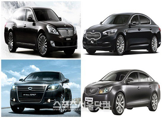 경기불황 및 고유가의 영향으로 국내 자동차 회사들의 대형차들의 판매량이 감소하는 등 국내 시장에서 맥을 못 추고 있는 것으로 나타났다. / 에쿠스, K9, 알페온, SM7(왼쪽위부터 시계방향)