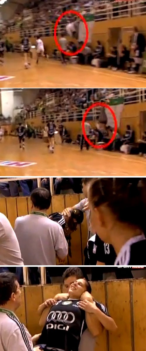 7일(현지시각) 헝가리 여자 핸드볼에서 관중석에서 떨어진 팬때문에 목 부상을 당한 이베트 첼페시 선수. / 유튜브 영상 캡처