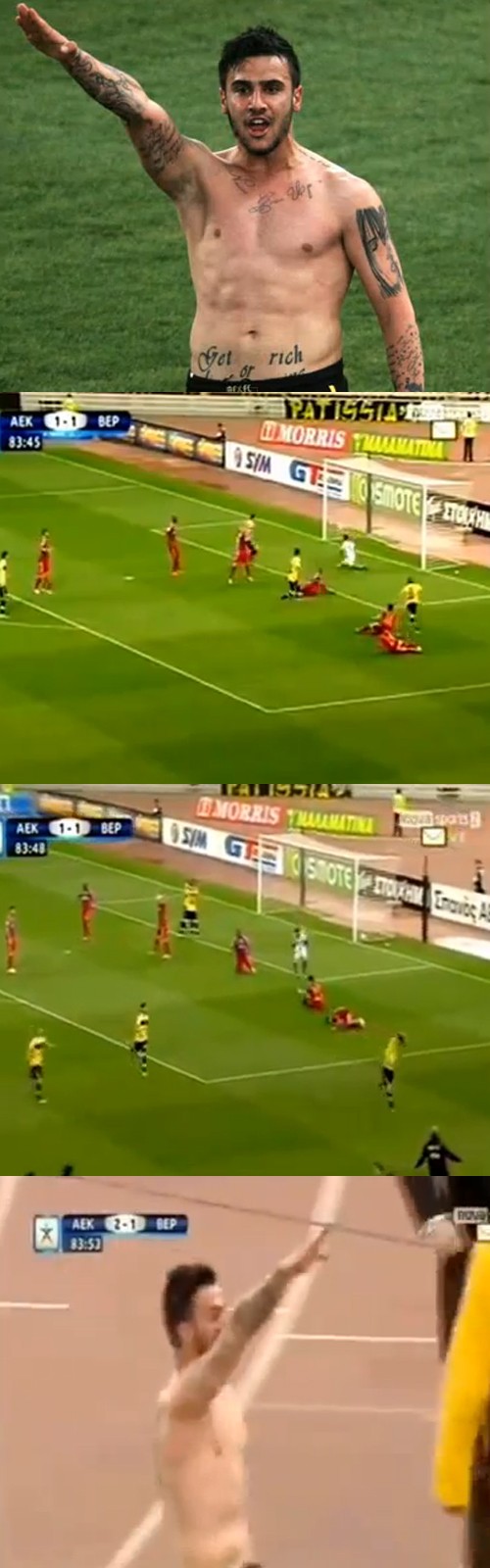 AEK 아테네의 기오르고스 카티디스가 17일 그리스 슈퍼리그 베리아전에서 후반 39분 결승골을 넣고 나치식 경례 세리머니를 하고 있다. / 유튜브 영상 캡처