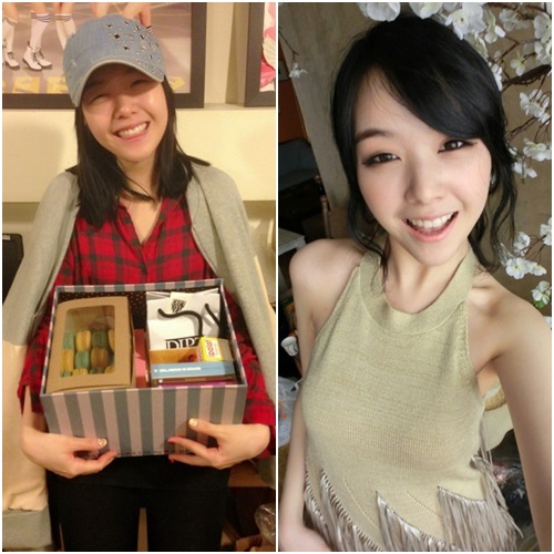 걸스데이 민아의 화장 전(왼쪽), 후 사진이 화제다./온라인 커뮤니티