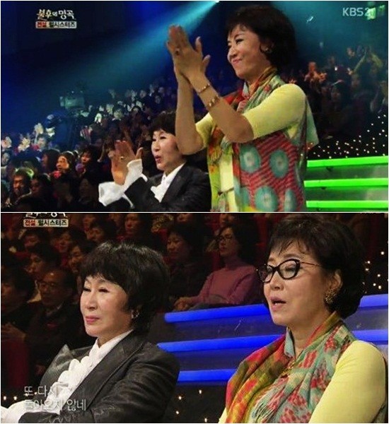 23일 방송된 KBS2 불후의 명곡-전설을 노래하다에서 그룹 펄 시스터즈가 후배들의 무대를 보며 호응하고 있다. /KBS2 불후의 명곡-전설을 노래하다캡처