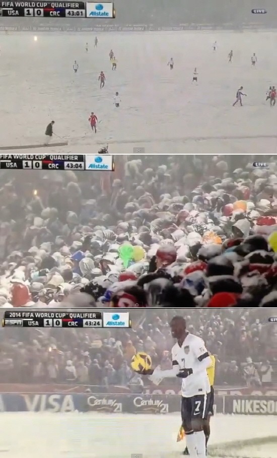 23일 열린 미국과 코스타리카의 2014년 브라질 월드컵 북중미 예선 경기는 쉴 새 없이 몰아친 폭설로 화제가 됐다. / 유튜브 영상 캡처