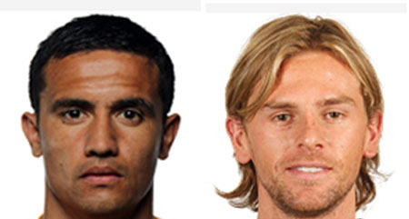 호주가 2014브라질월드컵 아시아지역 최종예선 5차전 홈경기에서 오만과 비겼다. 사진은 추격골과 동점골을 기록한 호주의 케이힐(왼쪽)과 홀먼. / 출처=사커웨이(www.soccerway.com)