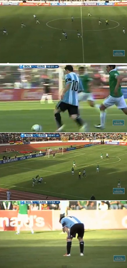 아르헨티나 축구 천재 리오넬 메시가 27일 볼리비아 원정에서 1-1로 맞선 후반 10분 빼어난 개인기를 자랑하고 있다. 하지만 그는 결국 라파스의 고지대를 극복하는데 실패하며 체력적으로 힘들어하고 있다. / 유튜브 영상 캡처