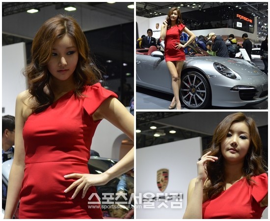 30일 2013 서울모터쇼에서 포르쉐 레이싱 모델이 차량 옆에서 섹시한 포즈를 취하고 있다. /고양=황준성 기자