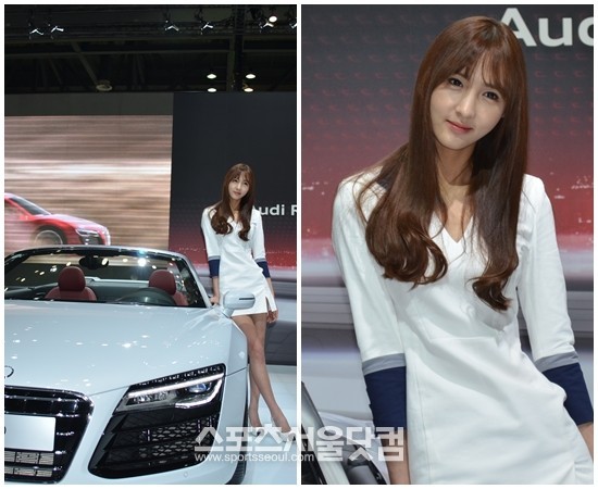 30일 2013 서울모터쇼에서 레이싱 모델이 아우디 R8 옆에서 섹시한 포즈를 취하고 있다./고양=황준성 기자