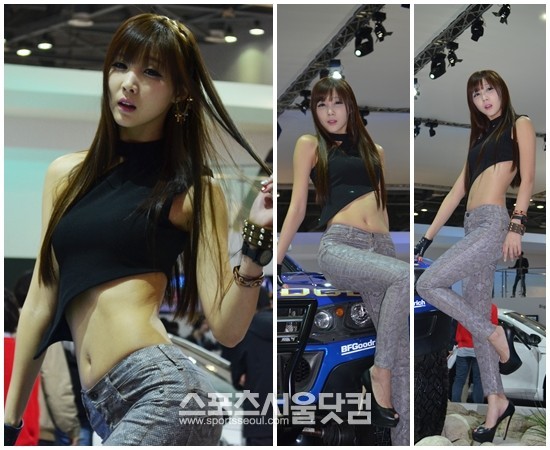 30일 경기도 고양시 일산 킨텍스 전시장에서 열린 2013 서울모터쇼에서 레이싱 모델이 차량 옆에서 다양한 포즈를 취하고 있다./고양=황준성 기자