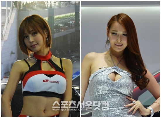 30일 2013 서울모터쇼에서 레이싱 모델들이 차량 옆에서 섹시한 포즈를 취하고 있다.