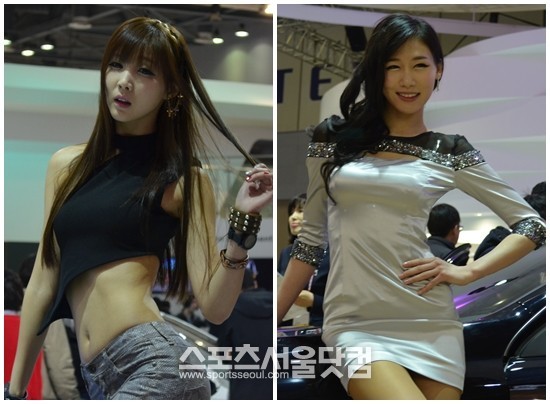 30일 2013 서울모터쇼에서 레이싱 모델들이 차량 옆에서 섹시한 포즈를 취하고 있다.