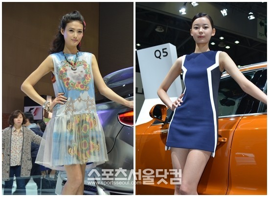 30일 2013 서울모터쇼에서 레이싱 모델들이 차량 옆에서 우아한 자태를 뽐내고 있다.